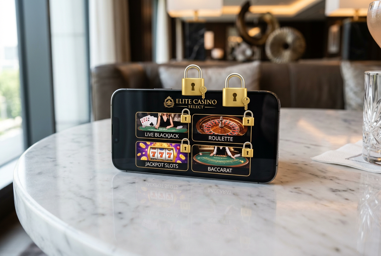 High-quality smartphone screen showing various casino apps and security icons