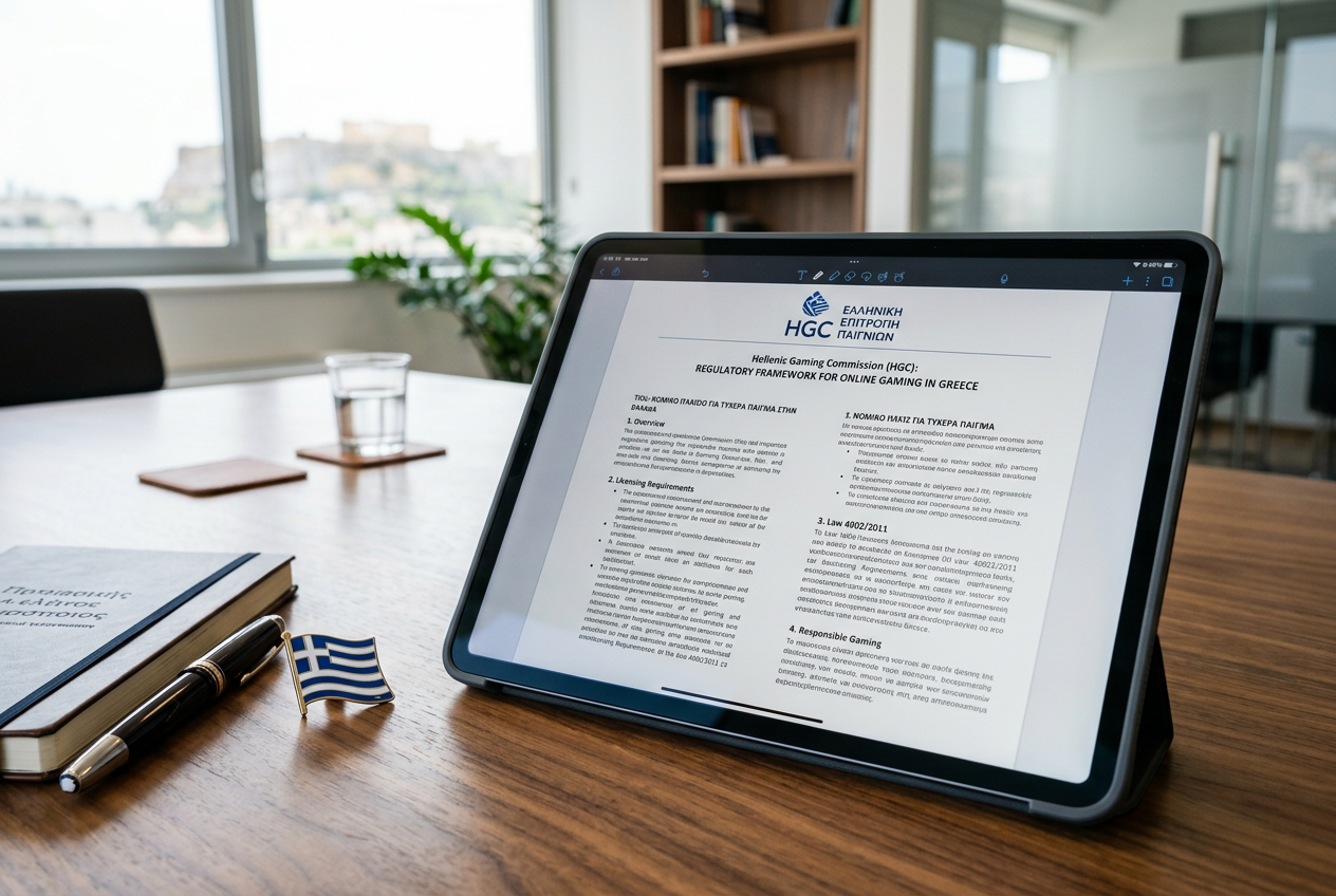 Official documents and a Greek flag pin next to a tablet showing legal text